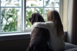 little girl and her dog looking out of the window